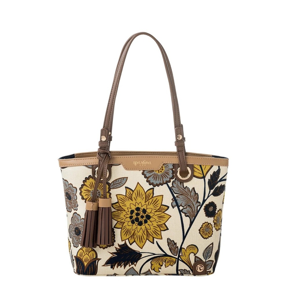 Spartina 449 Tote Bag Women Medium Cream Yemaya Island Floral Linen Leather